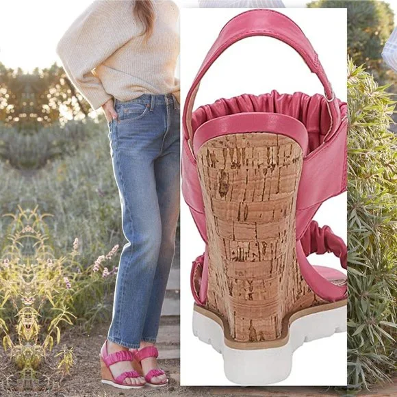 PIEPIEBUY Flirty Ruched Faux Leather High Cork Wedge Sandals   NEW IN BOX! - Picture 4 of 8